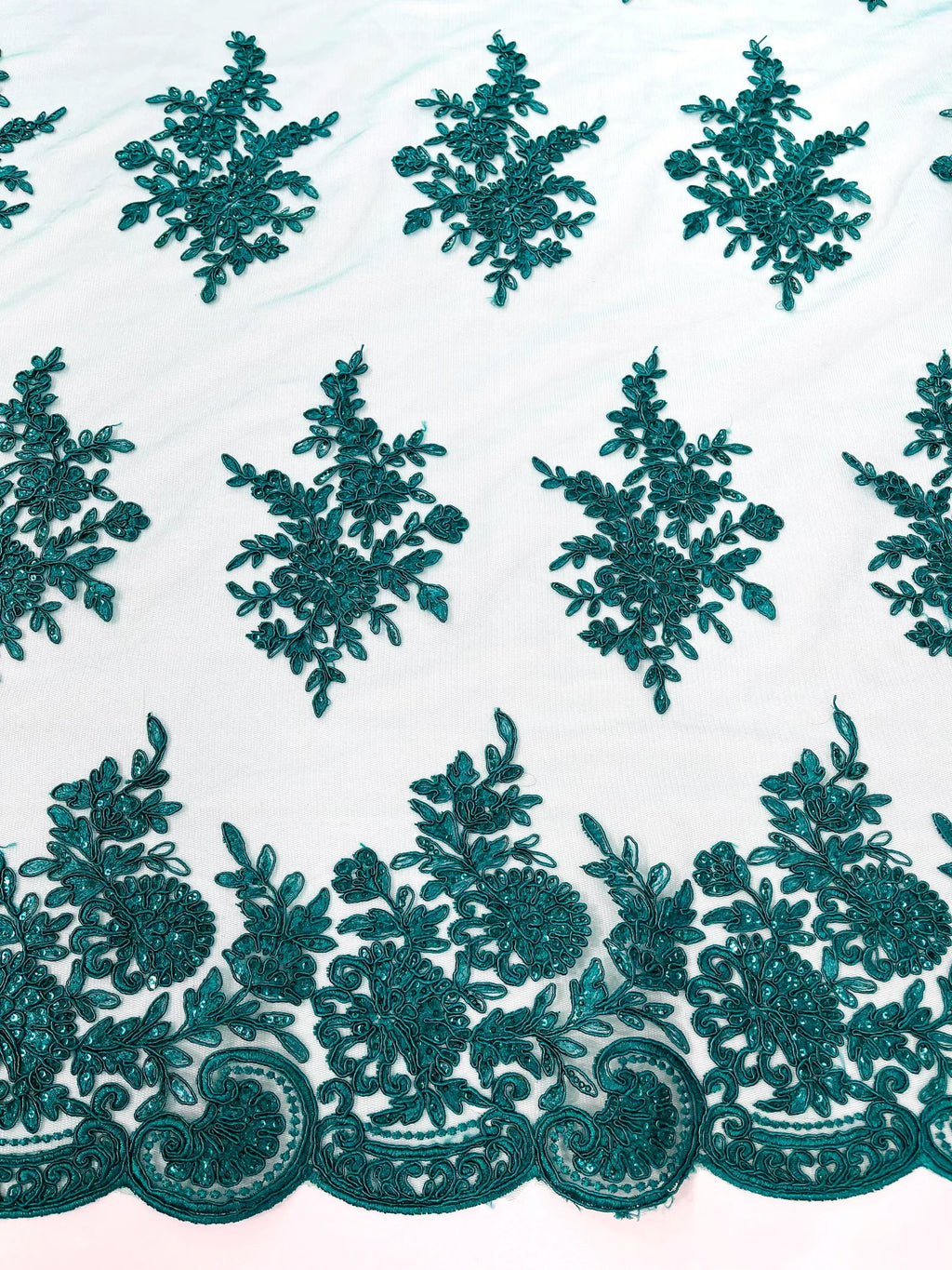 Corded Lace with Embroidery and Sequin on Mesh Fabric By The Yard. Hunter Green