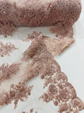 Corded Lace with Embroidery and Sequin on Mesh Fabric By The Yard. Dusty Rose