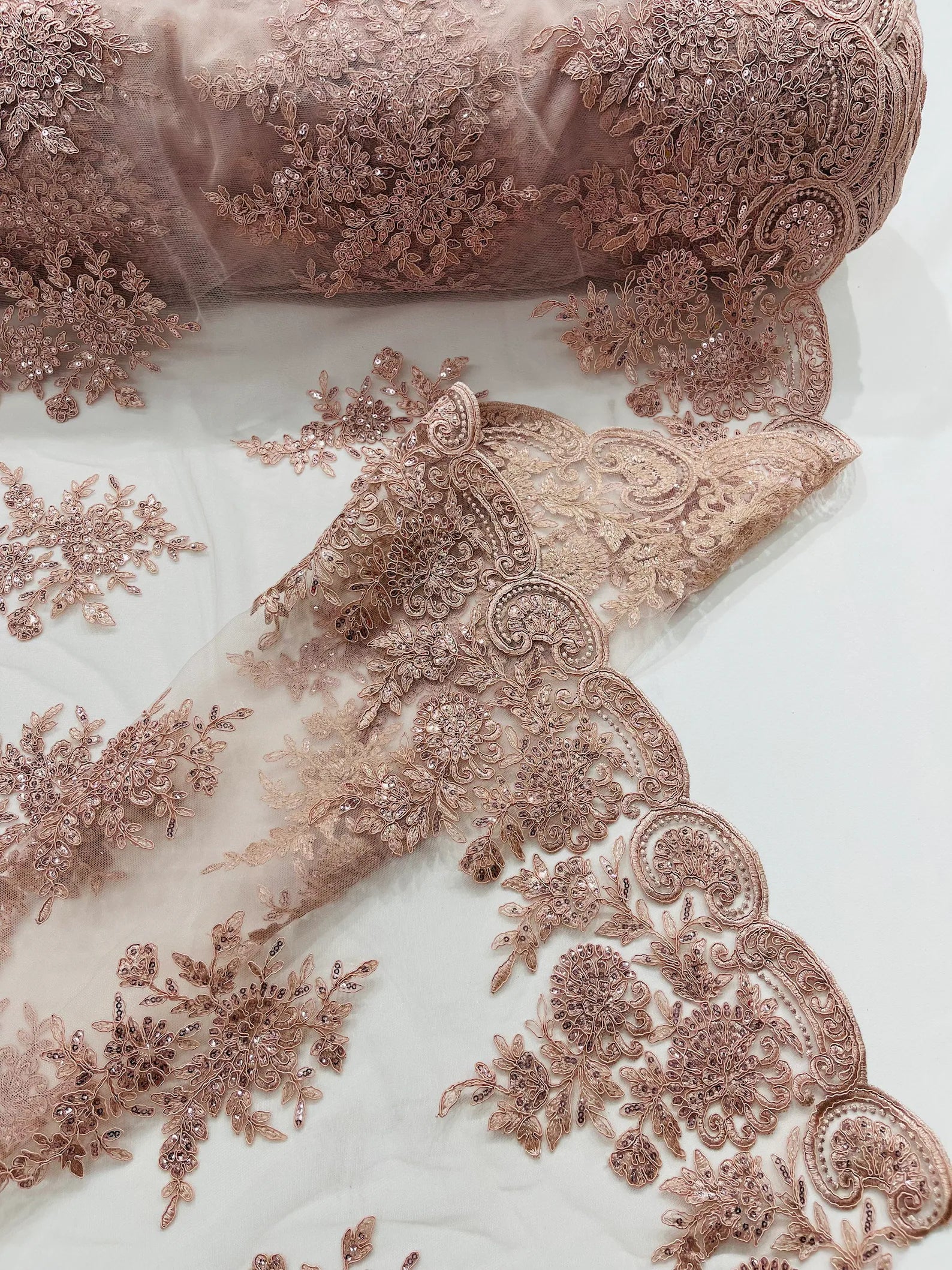 Corded Lace with Embroidery and Sequin on Mesh Fabric By The Yard. Dusty Rose