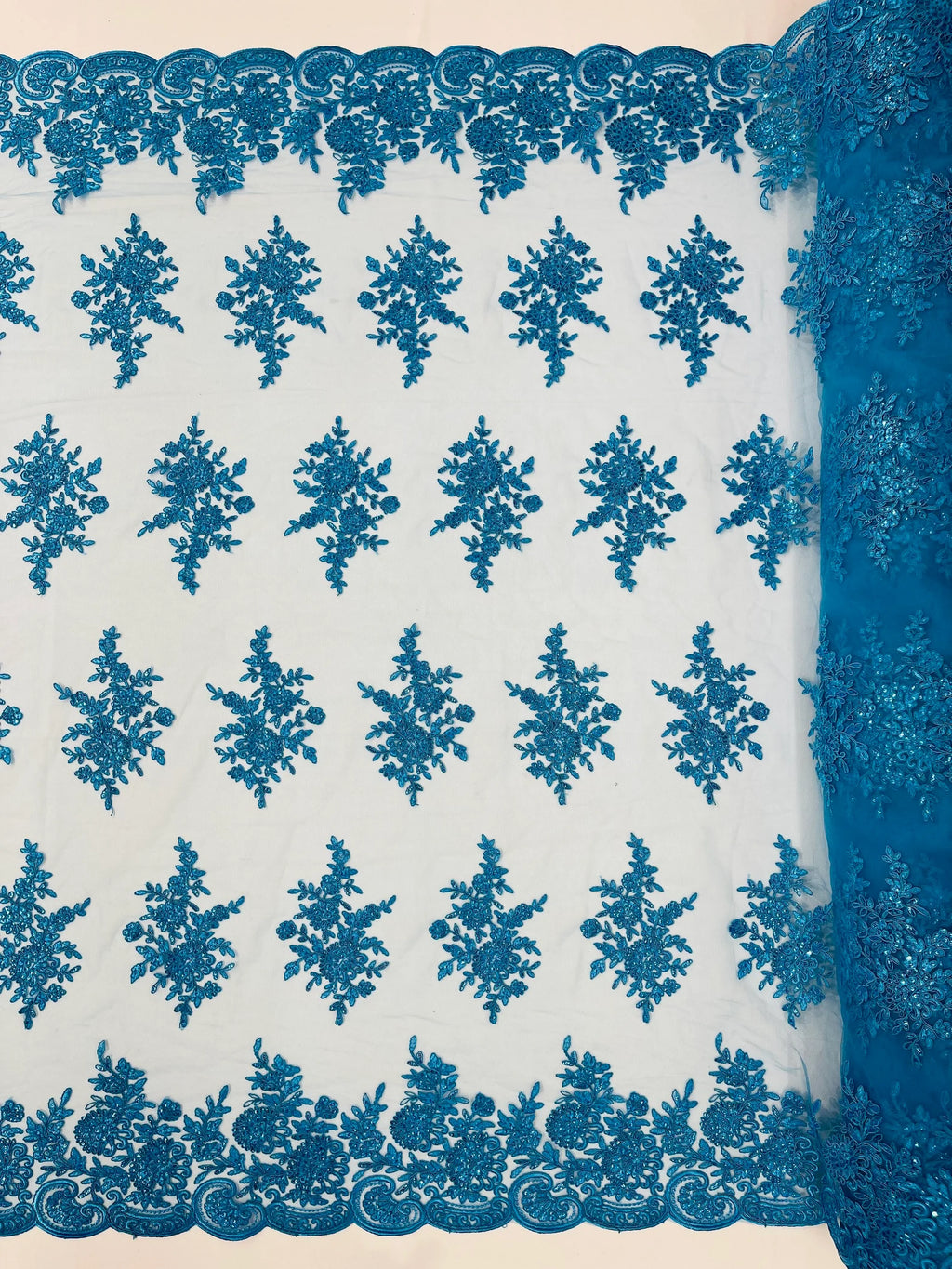 Corded Lace with Embroidery and Sequin on Mesh Fabric By The Yard. Turquoise