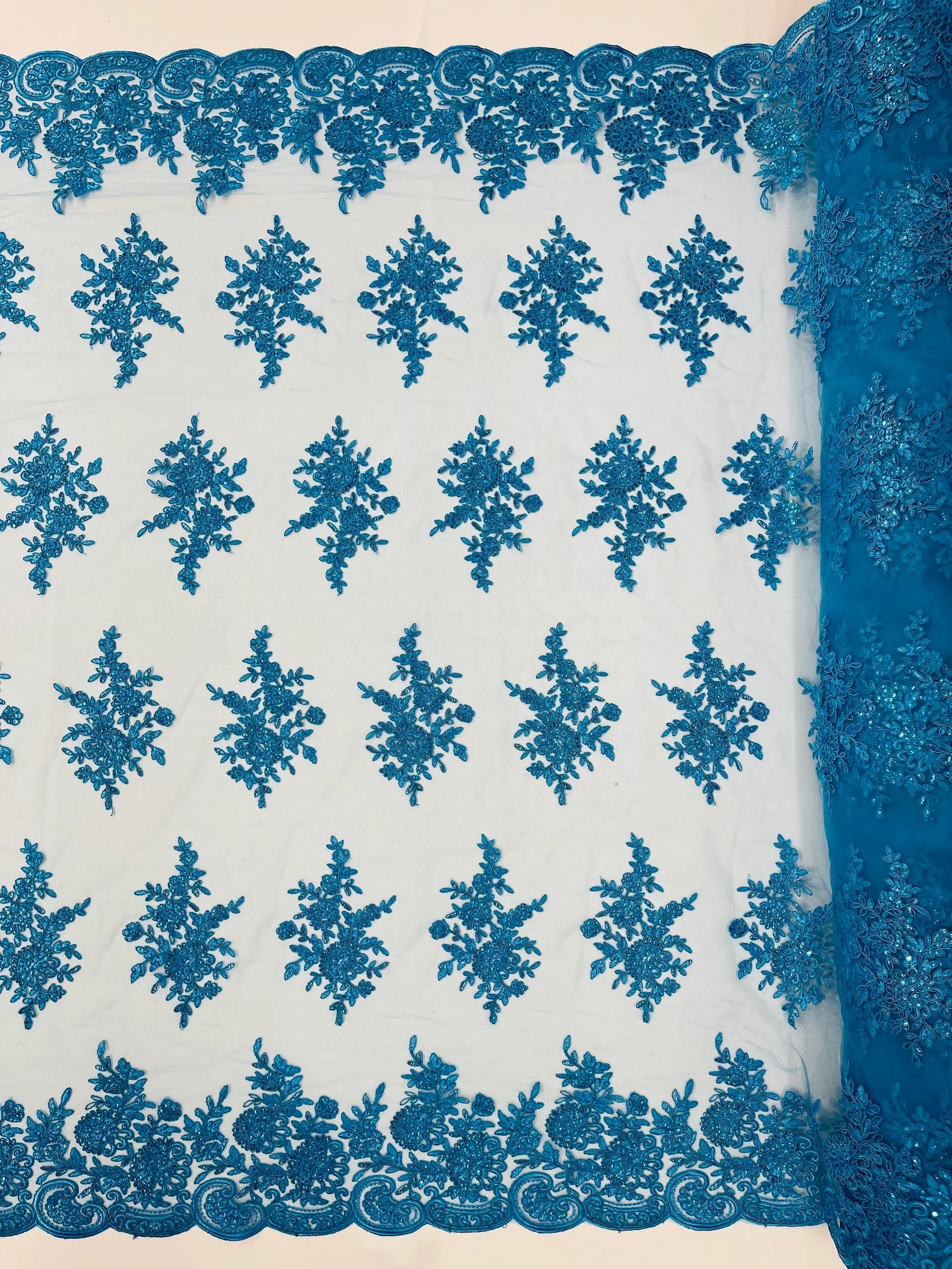 Corded Lace with Embroidery and Sequin on Mesh Fabric By The Yard. Turquoise