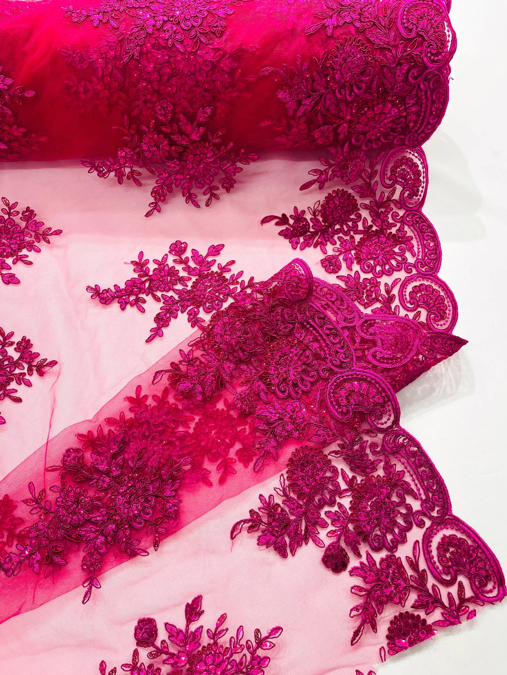 Corded Lace with Embroidery and Sequin on Mesh Fabric By The Yard. Fuchsia