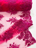 Corded Lace with Embroidery and Sequin on Mesh Fabric By The Yard. Fuchsia