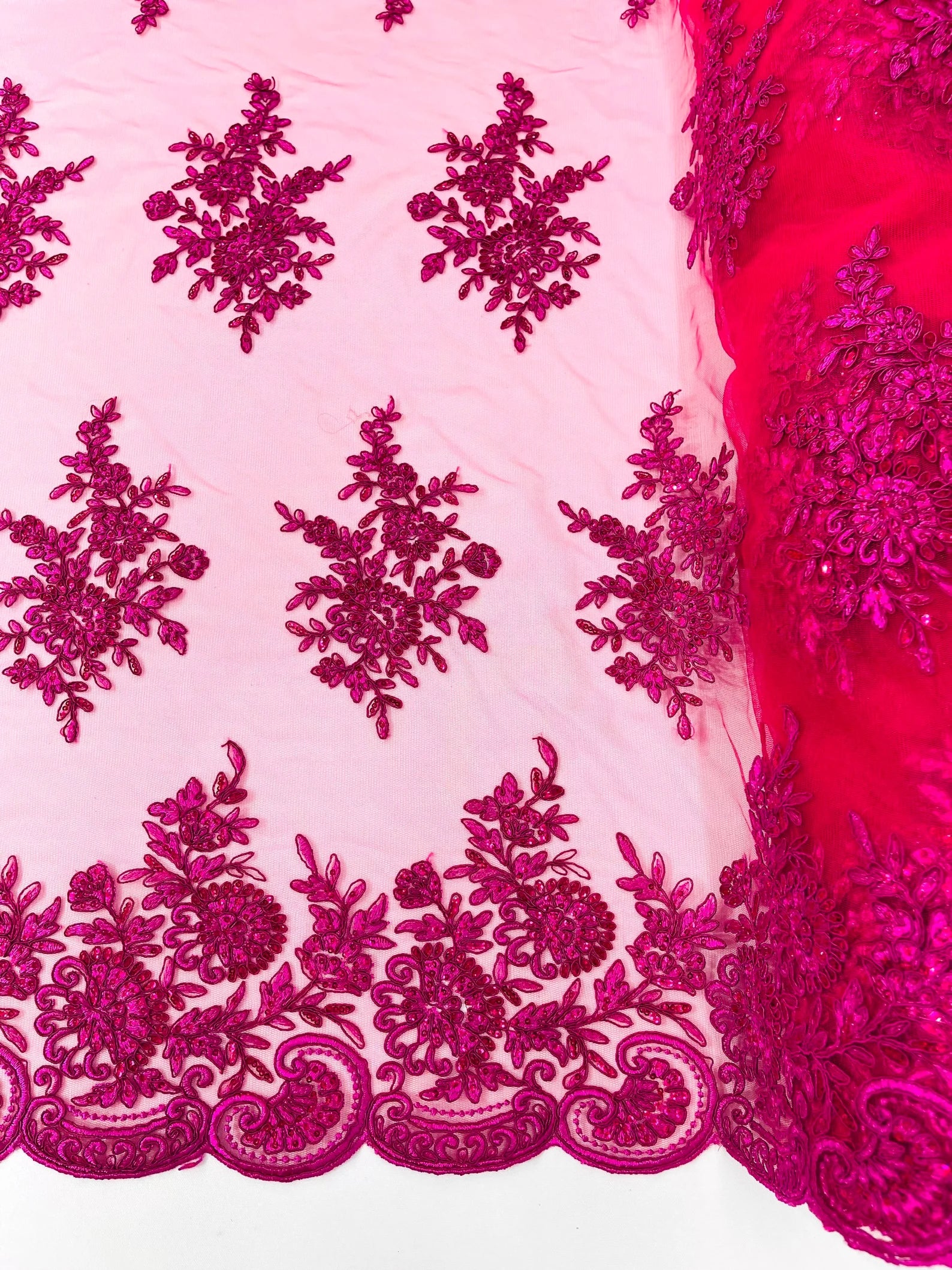 Corded Lace with Embroidery and Sequin on Mesh Fabric By The Yard. Fuchsia