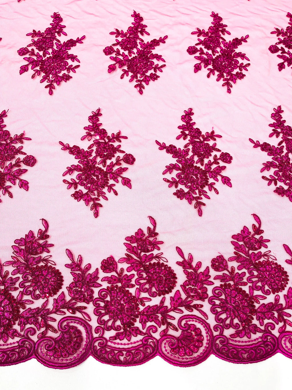 Corded Lace with Embroidery and Sequin on Mesh Fabric By The Yard. Fuchsia
