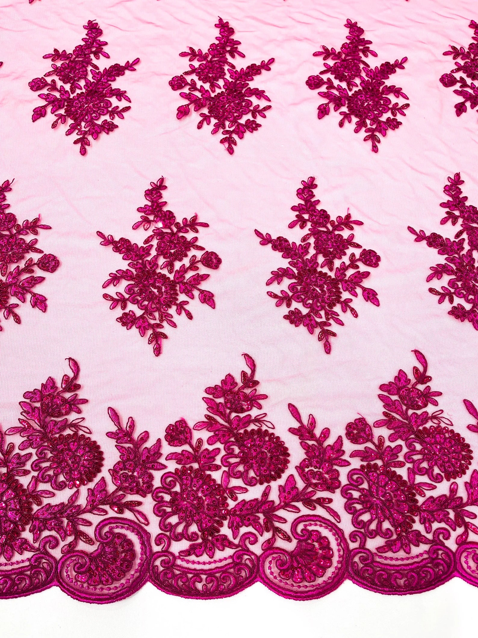 Corded Lace with Embroidery and Sequin on Mesh Fabric By The Yard. Fuchsia