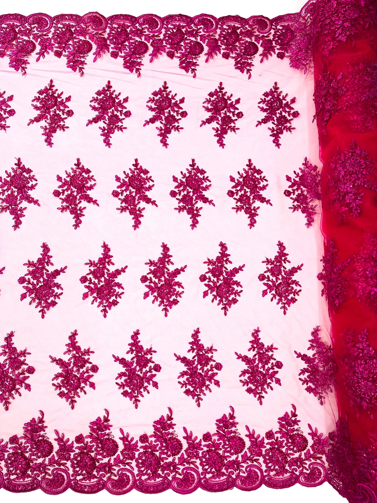 Corded Lace with Embroidery and Sequin on Mesh Fabric By The Yard. Fuchsia