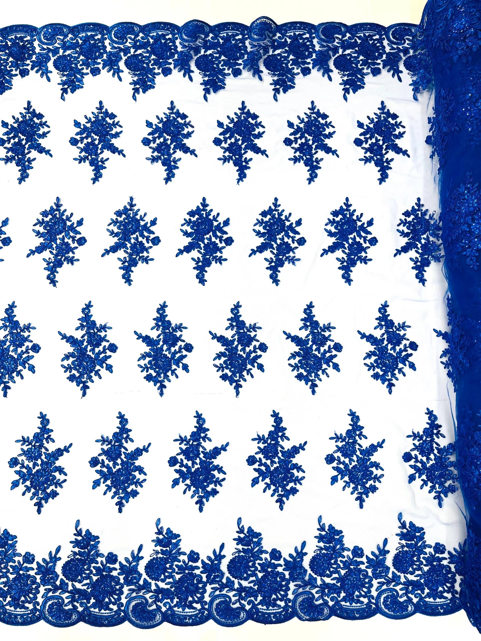 Corded Lace with Embroidery and Sequin on Mesh Fabric By The Yard. Royal Blue