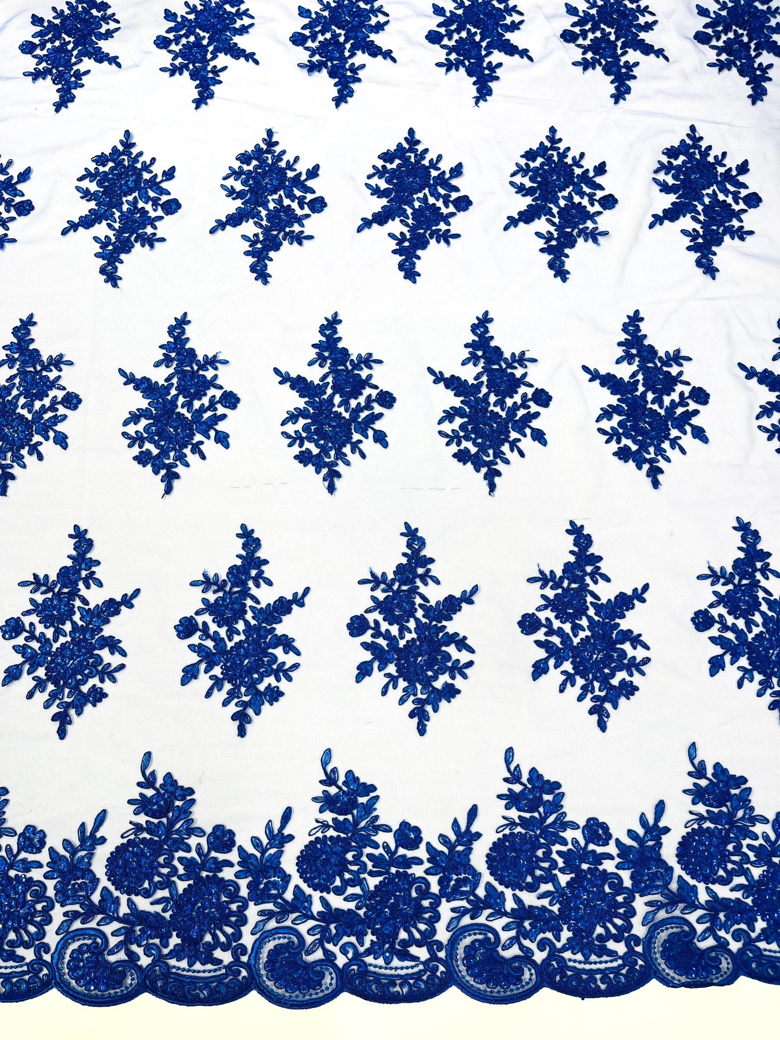 Corded Lace with Embroidery and Sequin on Mesh Fabric By The Yard. Royal Blue