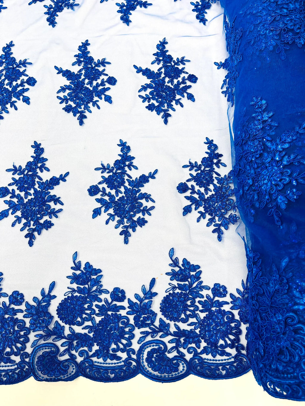 Corded Lace with Embroidery and Sequin on Mesh Fabric By The Yard. Royal Blue