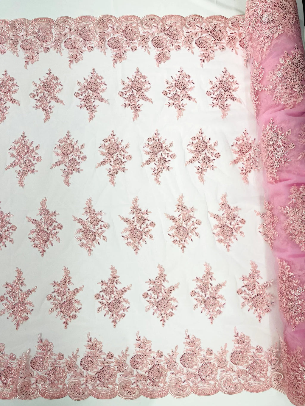 Corded Lace with Embroidery and Sequin on Mesh Fabric By The Yard. Pink