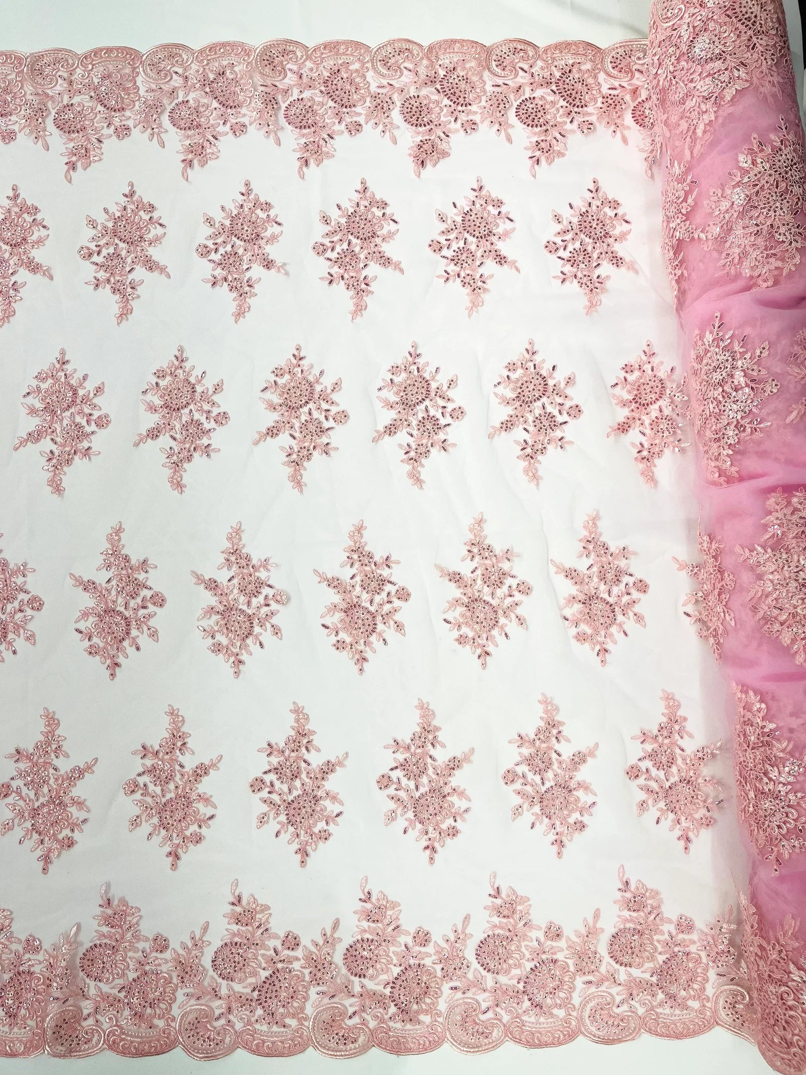 Corded Lace with Embroidery and Sequin on Mesh Fabric By The Yard. Pink