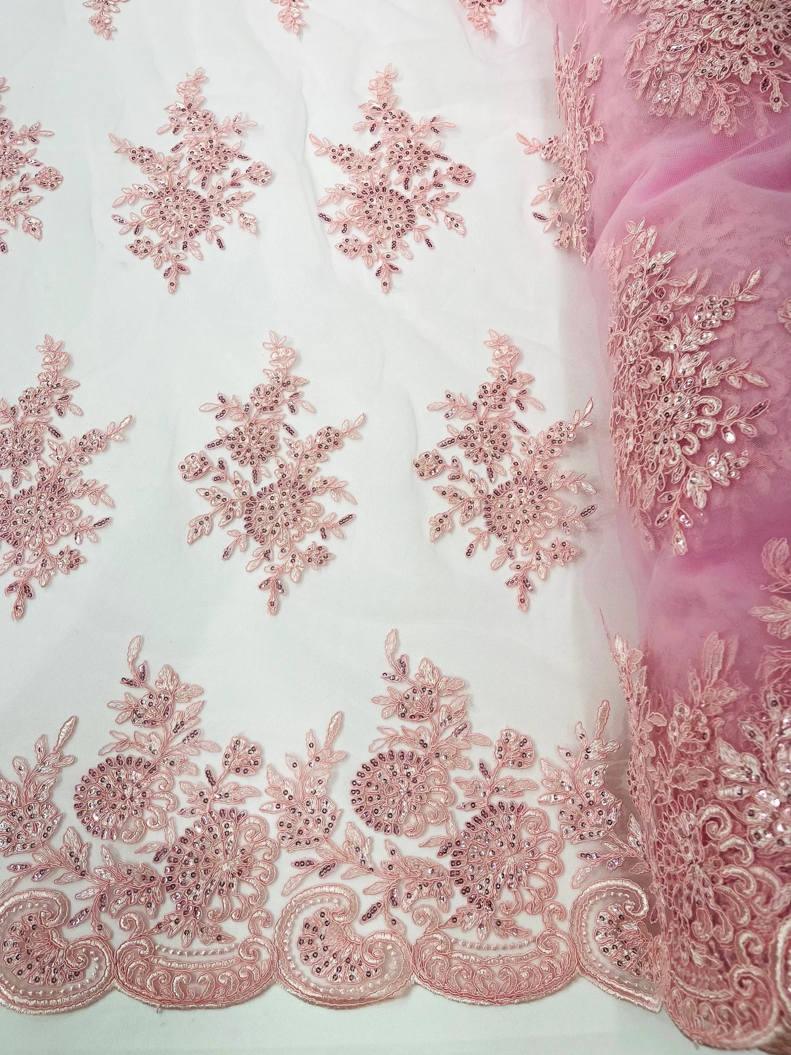 Corded Lace with Embroidery and Sequin on Mesh Fabric By The Yard. Pink