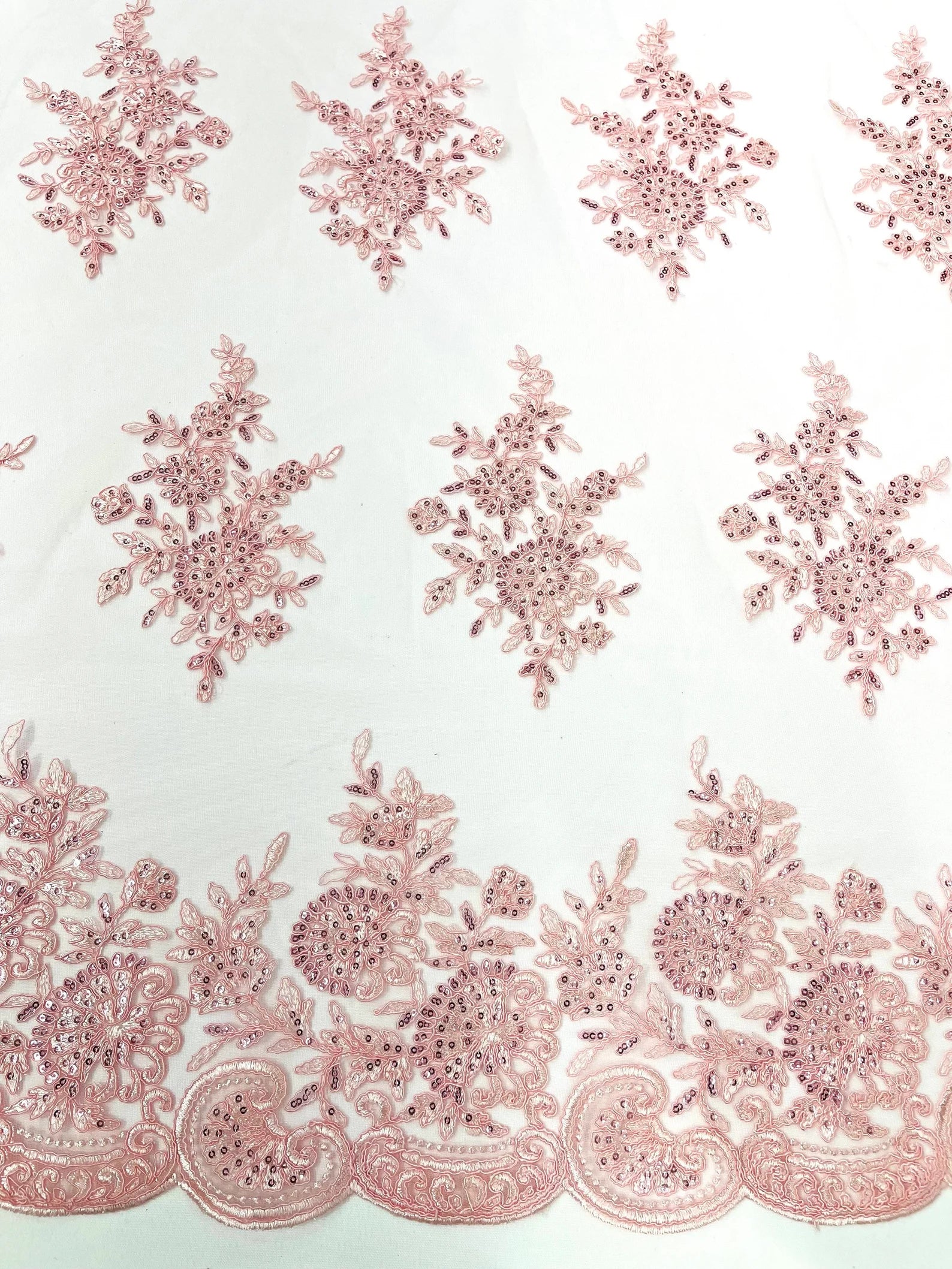 Corded Lace with Embroidery and Sequin on Mesh Fabric By The Yard. Pink