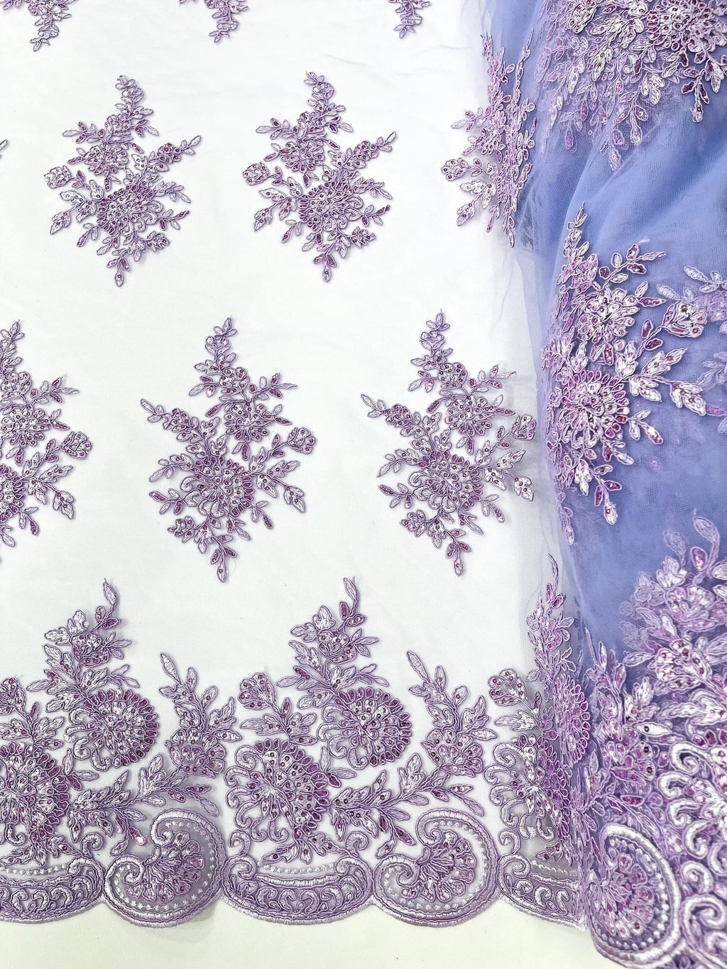 Corded Lace with Embroidery and Sequin on Mesh Fabric By The Yard. Lilac