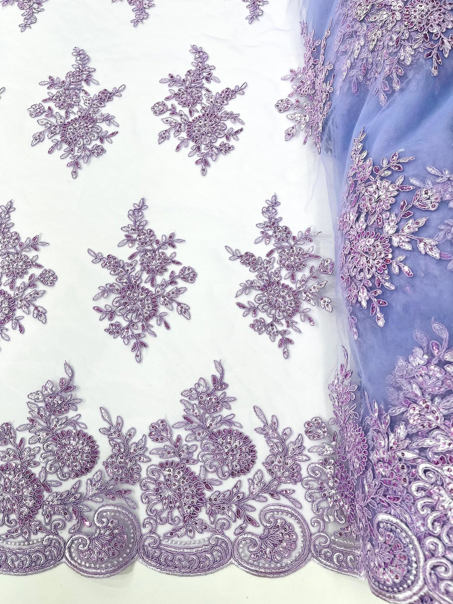 Corded Lace with Embroidery and Sequin on Mesh Fabric By The Yard. Lilac