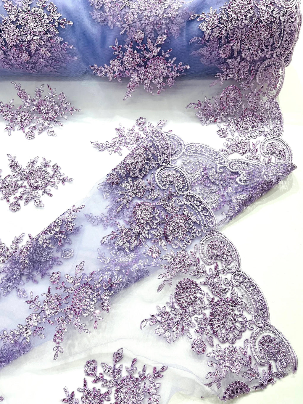 Corded Lace with Embroidery and Sequin on Mesh Fabric By The Yard. Lilac