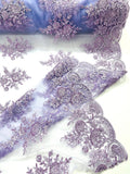 Corded Lace with Embroidery and Sequin on Mesh Fabric By The Yard. Lilac