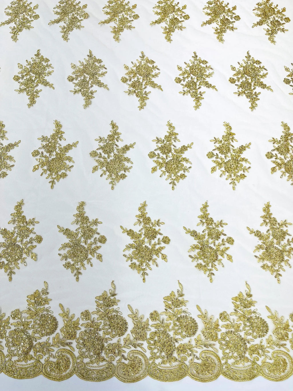 Corded Lace with Embroidery and Sequin on Mesh Fabric By The Yard. Lt Gold