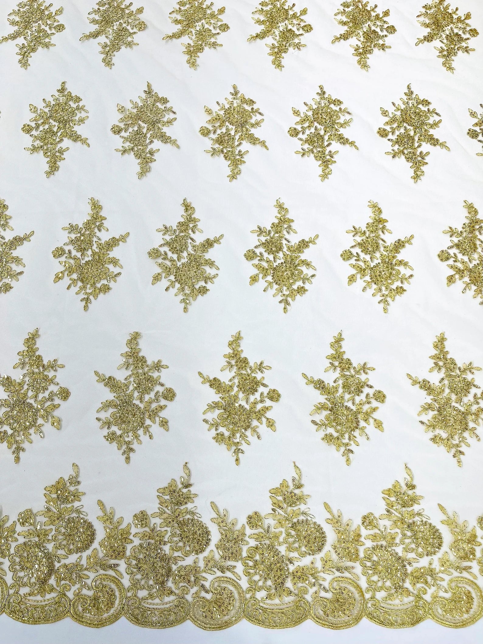 Corded Lace with Embroidery and Sequin on Mesh Fabric By The Yard. Lt Gold