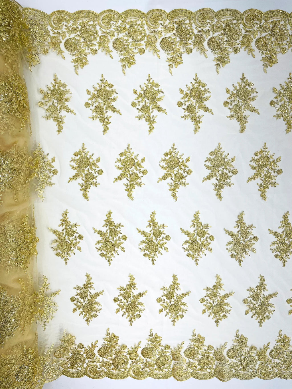 Corded Lace with Embroidery and Sequin on Mesh Fabric By The Yard. Lt Gold