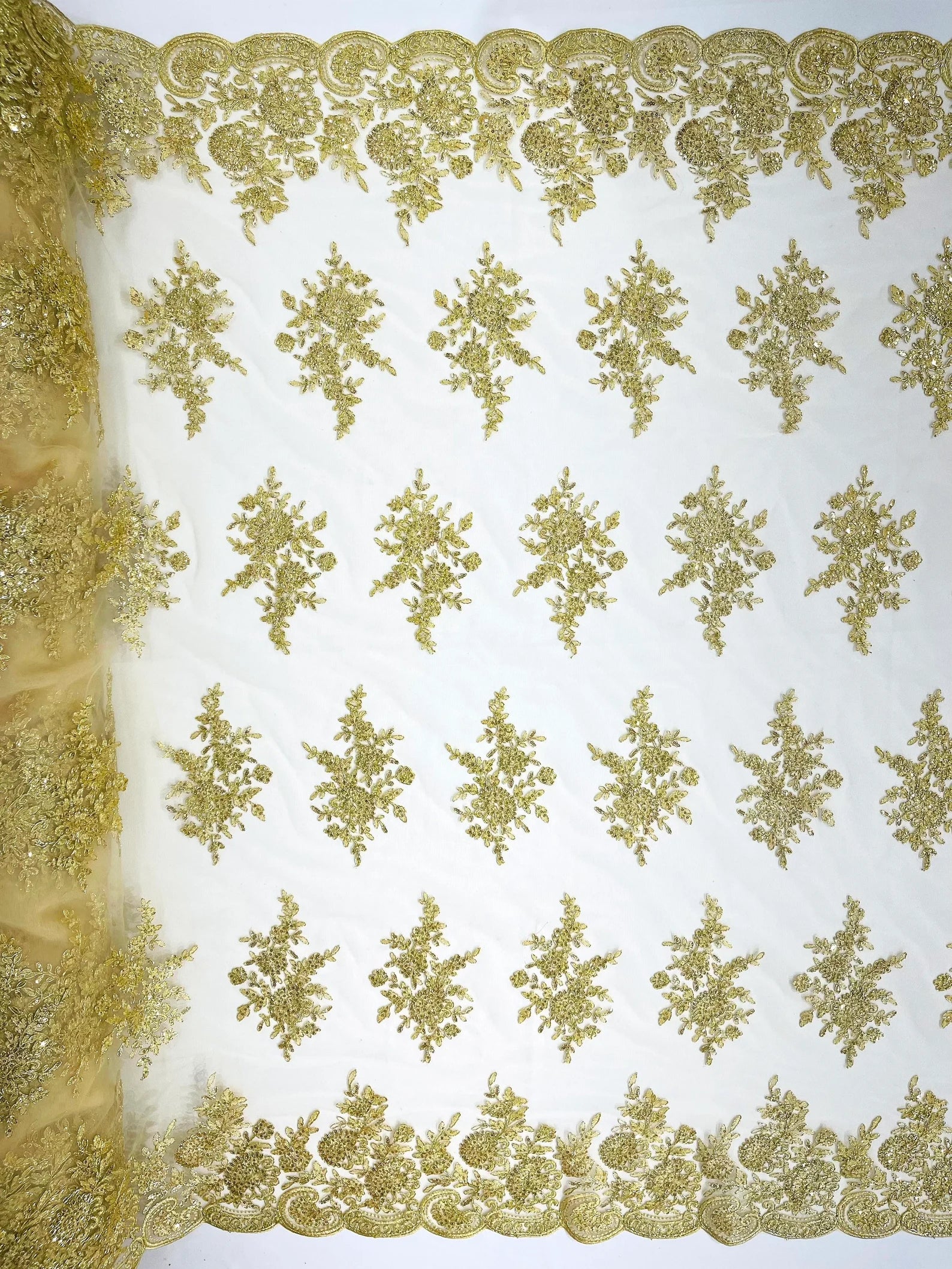 Corded Lace with Embroidery and Sequin on Mesh Fabric By The Yard. Lt Gold