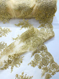 Corded Lace with Embroidery and Sequin on Mesh Fabric By The Yard. Lt Gold