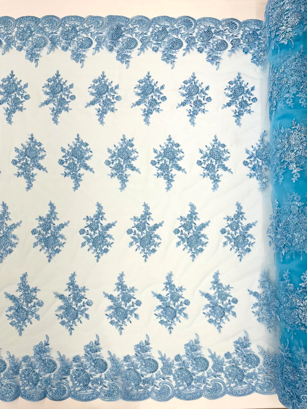 Corded Lace with Embroidery and Sequin on Mesh Fabric By The Yard. Lt Blue