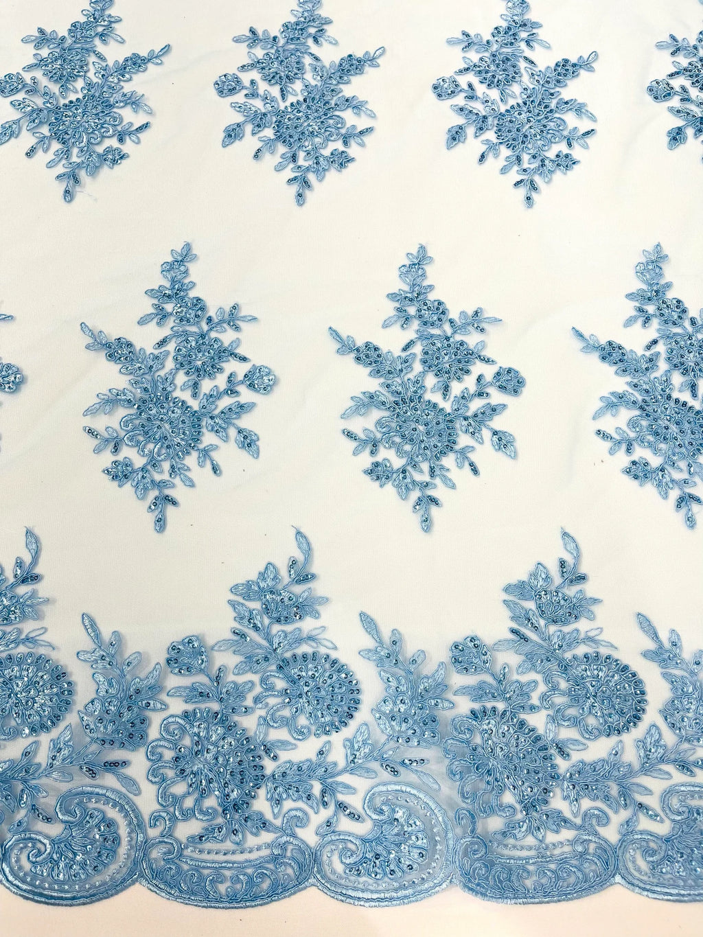 Corded Lace with Embroidery and Sequin on Mesh Fabric By The Yard. Lt Blue