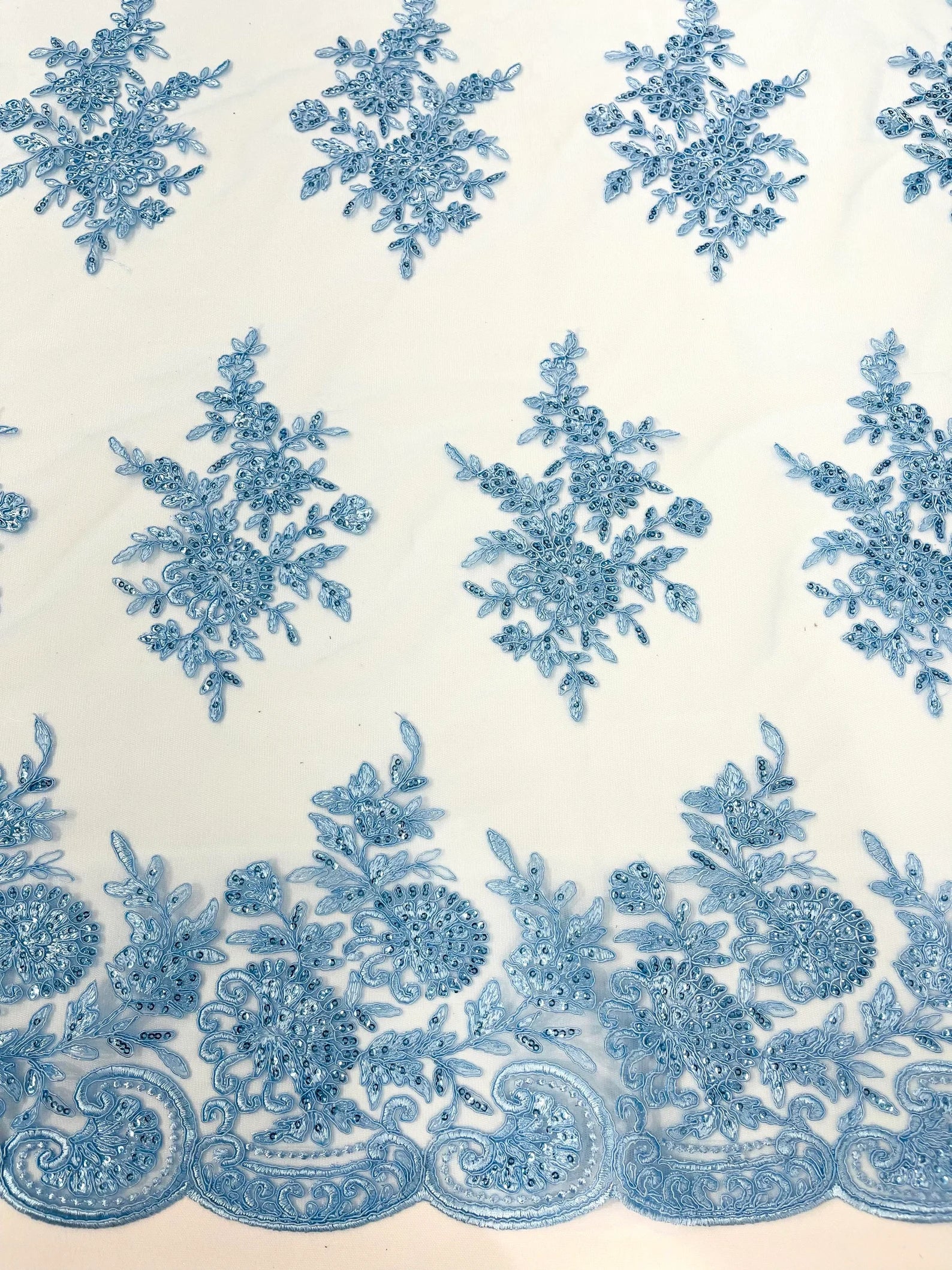 Corded Lace with Embroidery and Sequin on Mesh Fabric By The Yard. Lt Blue