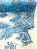 Corded Lace with Embroidery and Sequin on Mesh Fabric By The Yard. Lt Blue