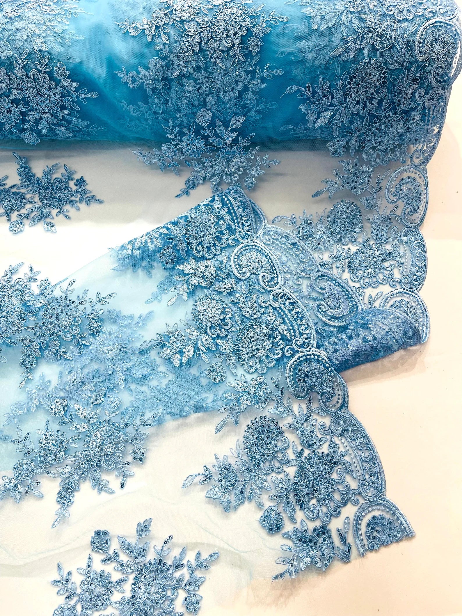 Corded Lace with Embroidery and Sequin on Mesh Fabric By The Yard. Lt Blue