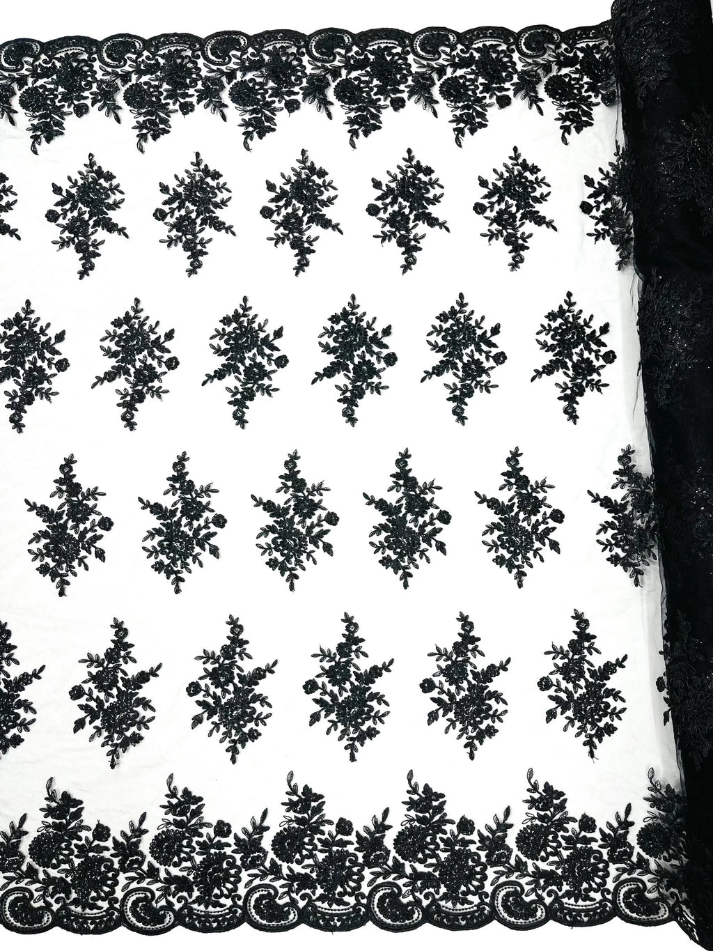 Corded Lace with Embroidery and Sequin on Mesh Fabric By The Yard. Black