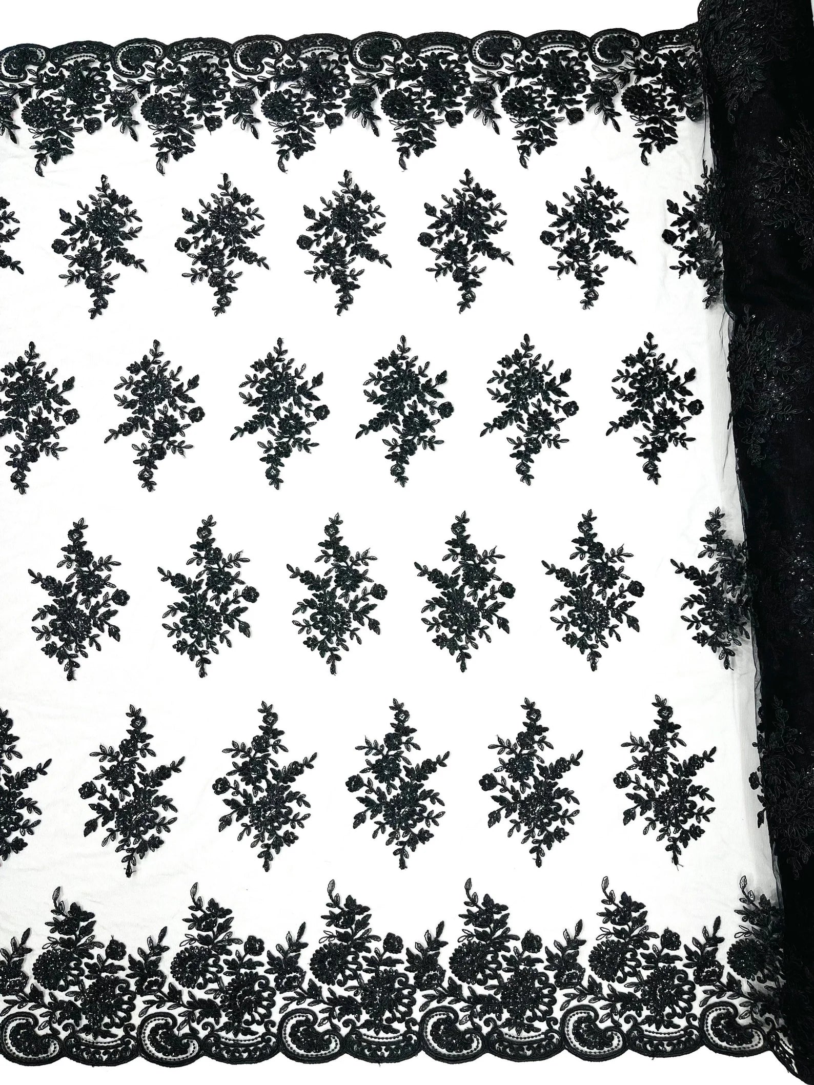 Corded Lace with Embroidery and Sequin on Mesh Fabric By The Yard. Black