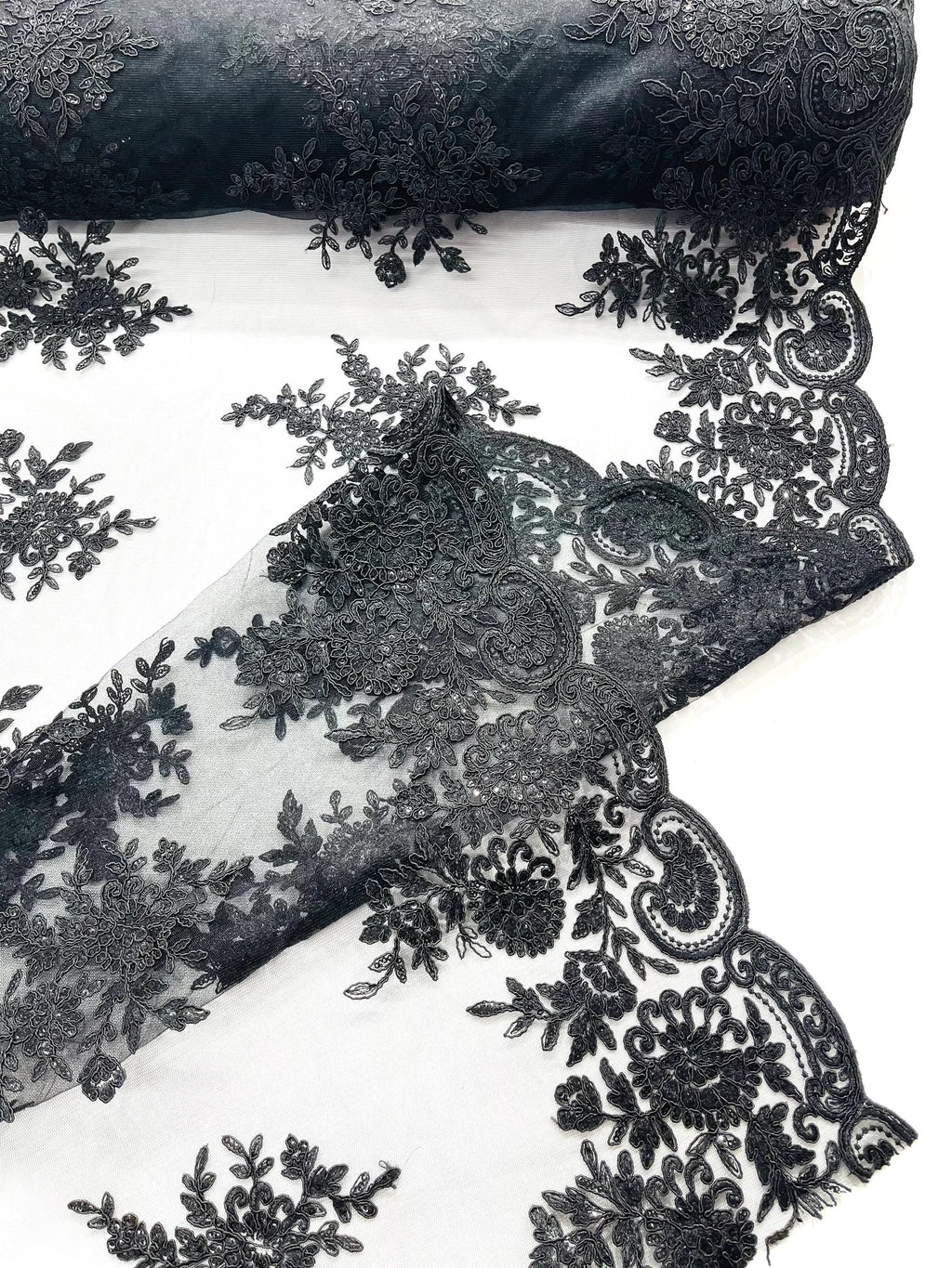 Corded Lace with Embroidery and Sequin on Mesh Fabric By The Yard. Black