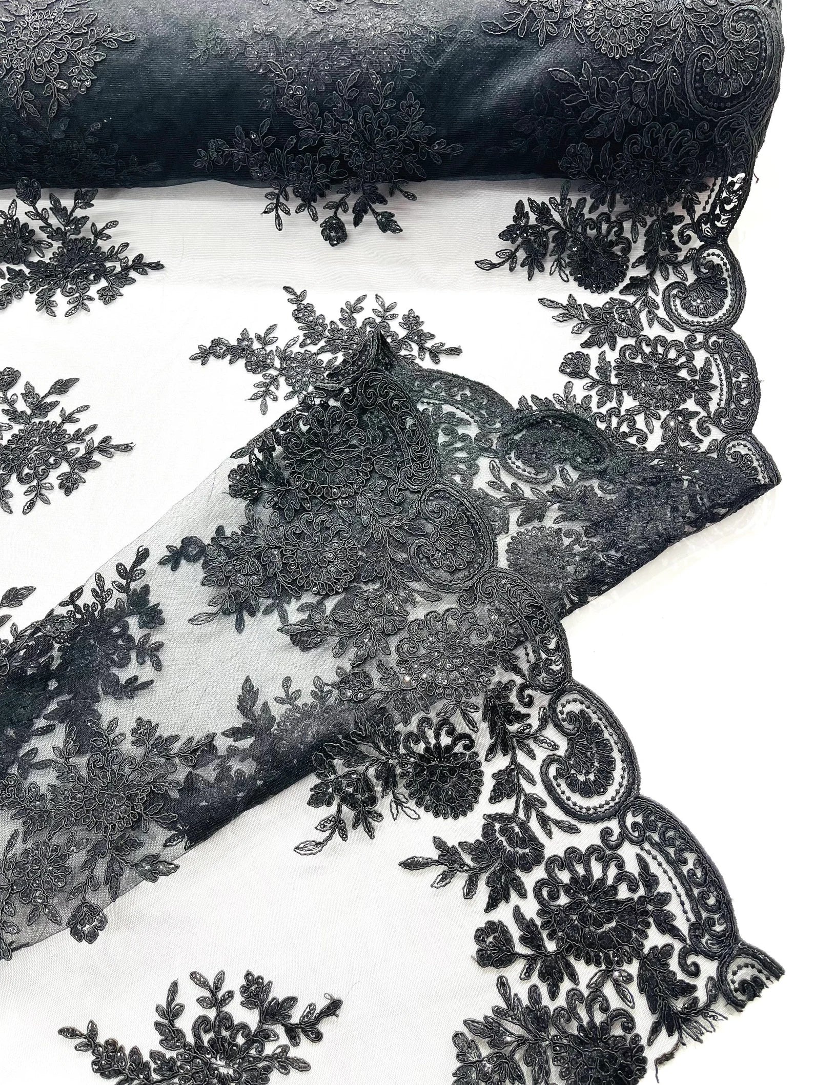 Corded Lace with Embroidery and Sequin on Mesh Fabric By The Yard. Black