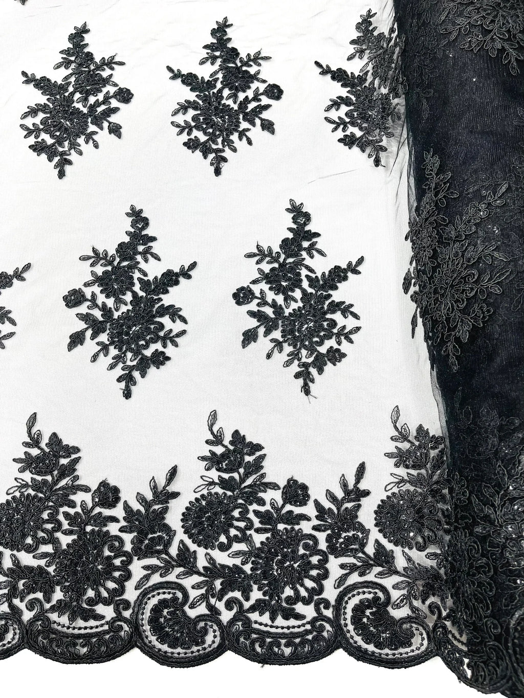 Corded Lace with Embroidery and Sequin on Mesh Fabric By The Yard. Black
