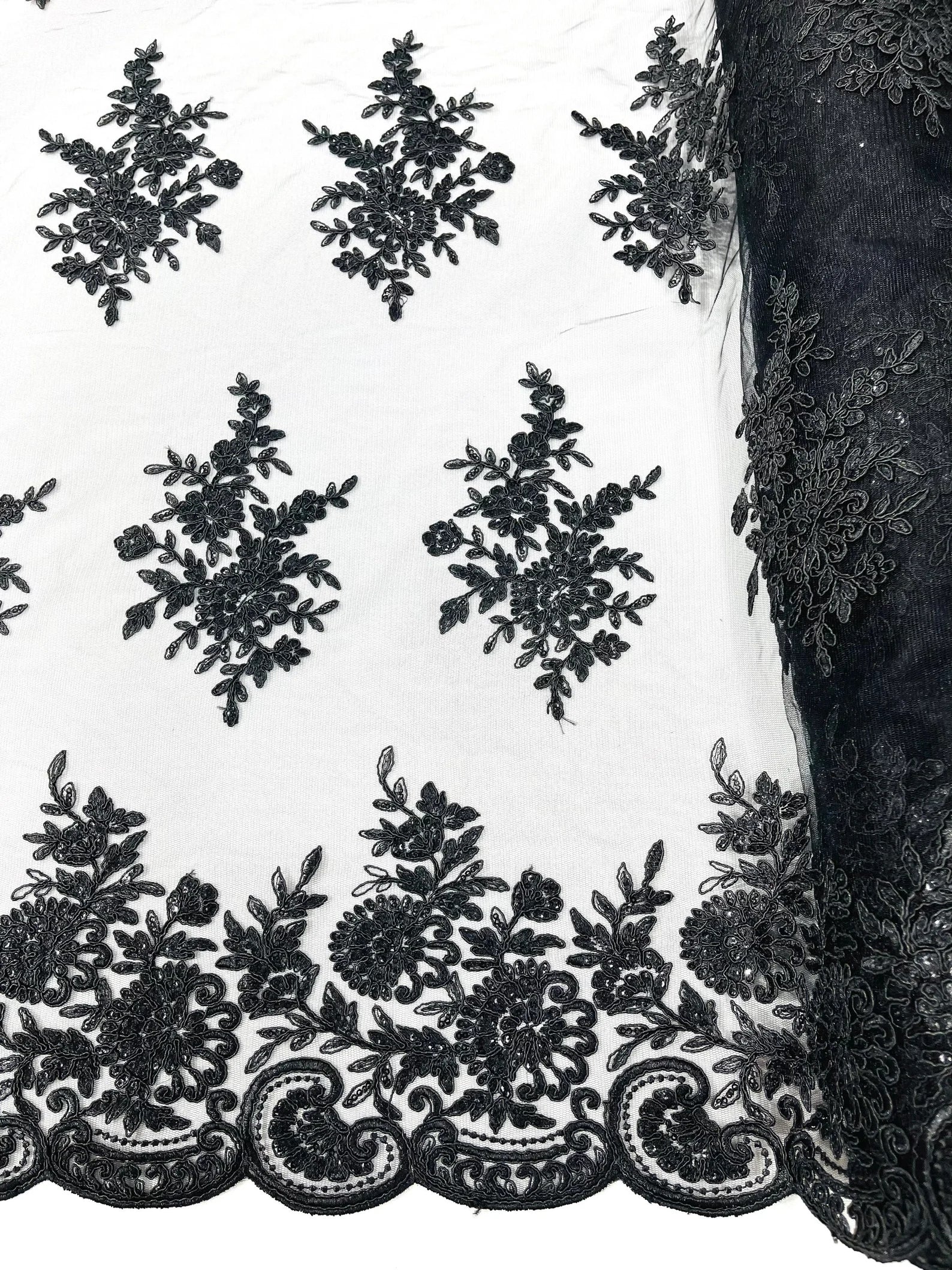 Corded Lace with Embroidery and Sequin on Mesh Fabric By The Yard. Black
