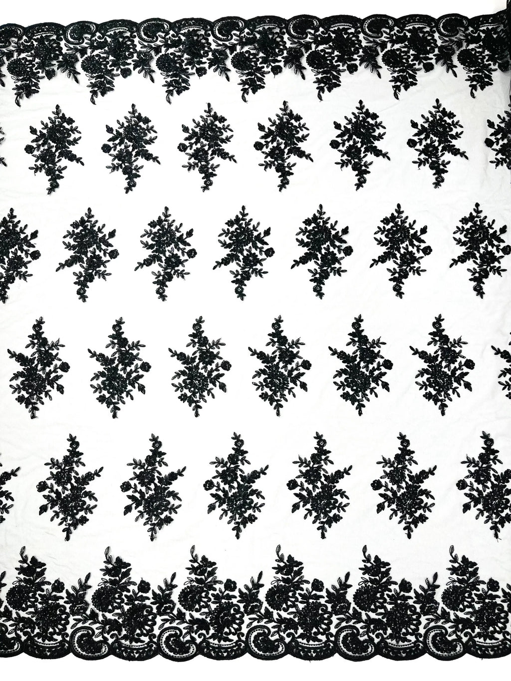 Corded Lace with Embroidery and Sequin on Mesh Fabric By The Yard. Black