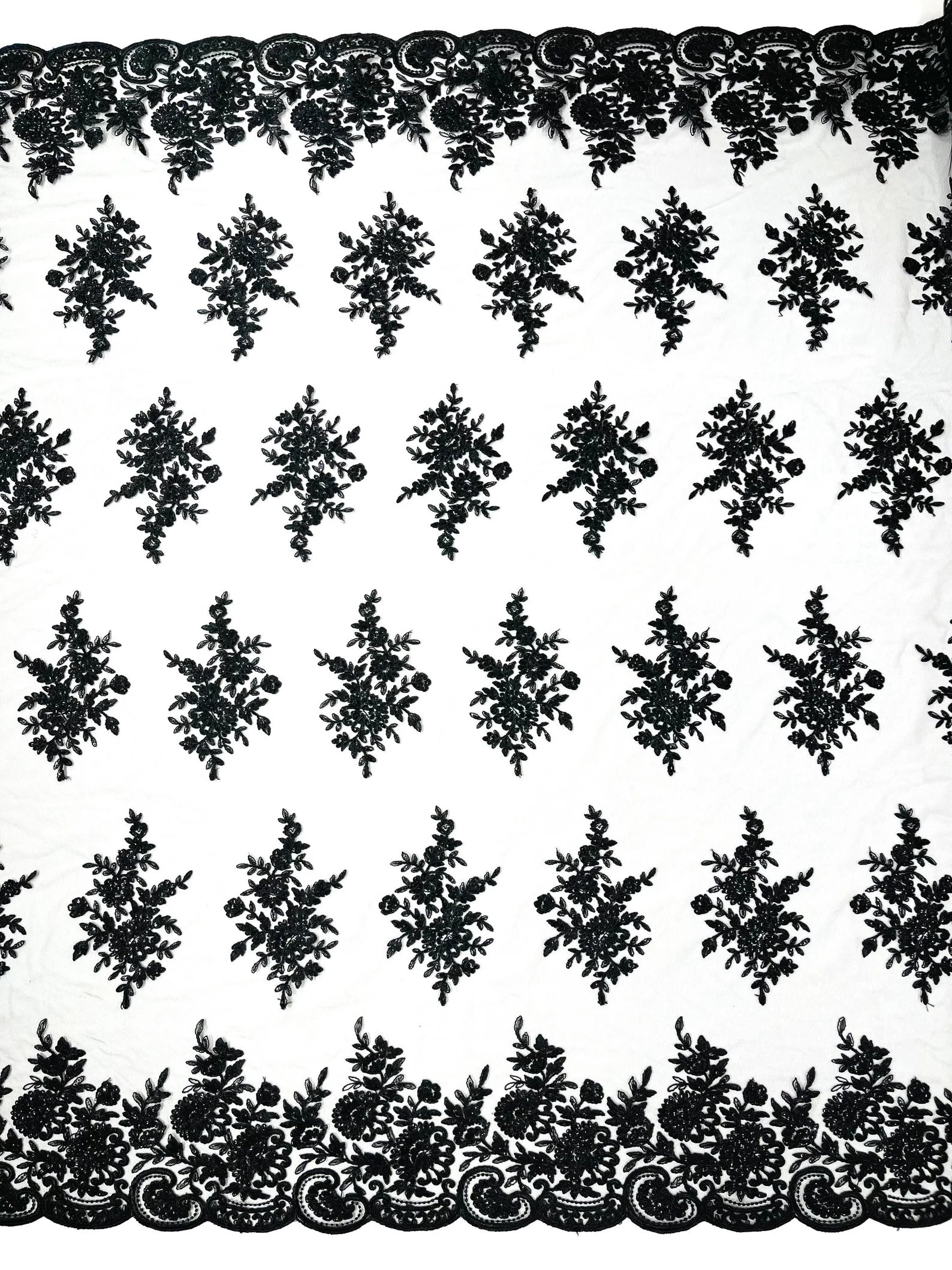 Corded Lace with Embroidery and Sequin on Mesh Fabric By The Yard. Black