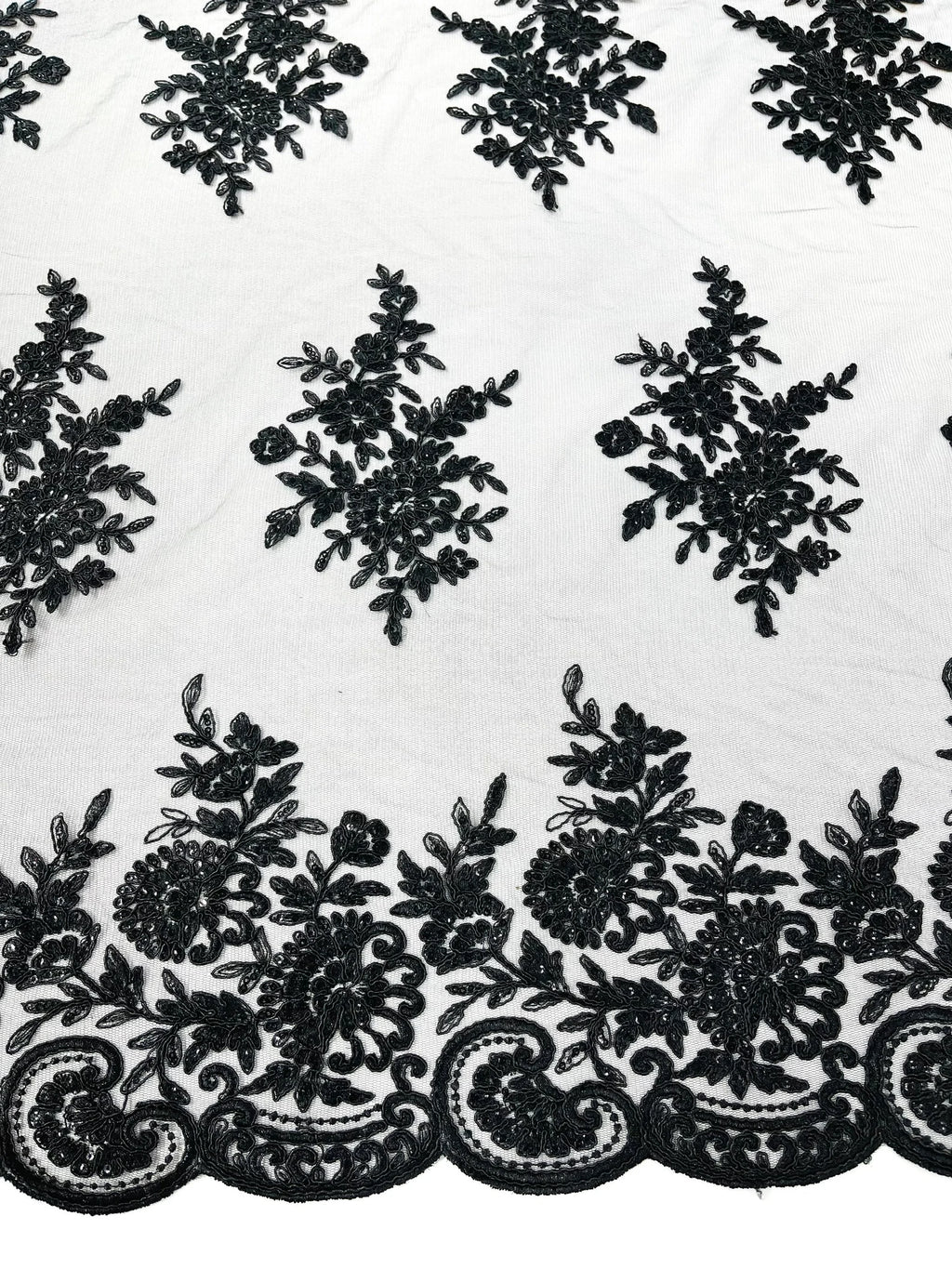 Corded Lace with Embroidery and Sequin on Mesh Fabric By The Yard. Black