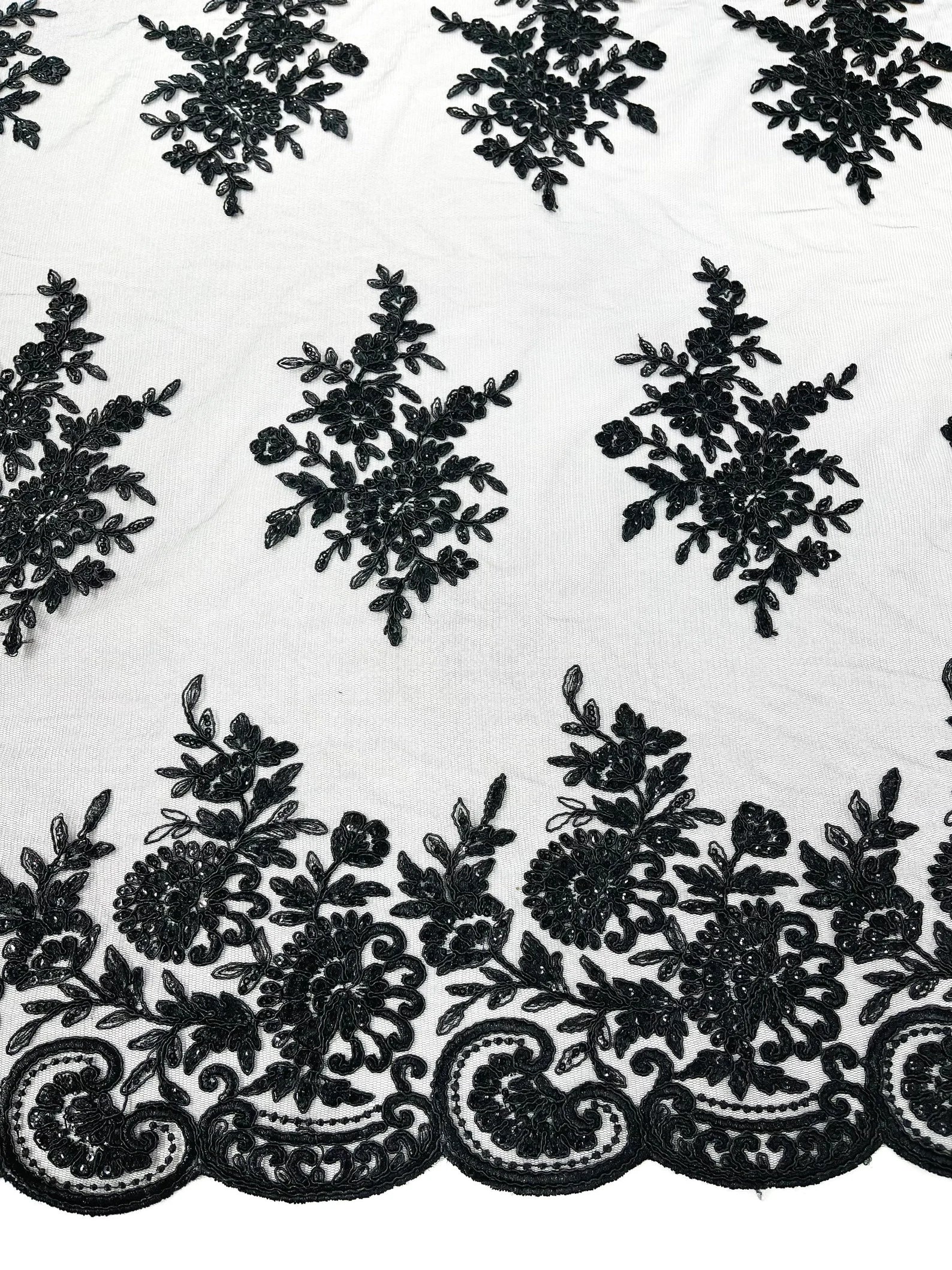 Corded Lace with Embroidery and Sequin on Mesh Fabric By The Yard. Black
