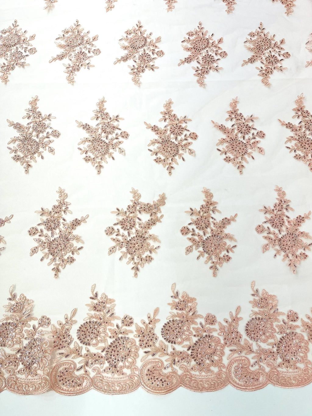 Corded Lace with Embroidery and Sequin on Mesh Fabric By The Yard. Blush Pink