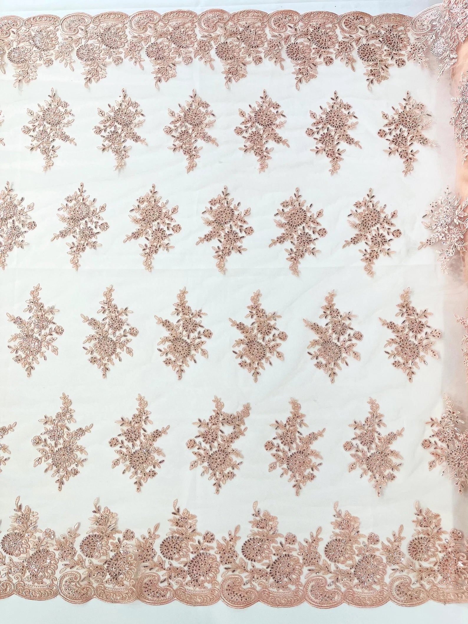Corded Lace with Embroidery and Sequin on Mesh Fabric By The Yard. Blush Pink