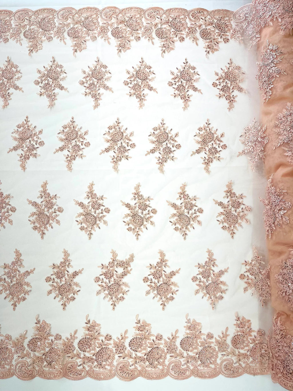 Corded Lace with Embroidery and Sequin on Mesh Fabric By The Yard. Blush Pink