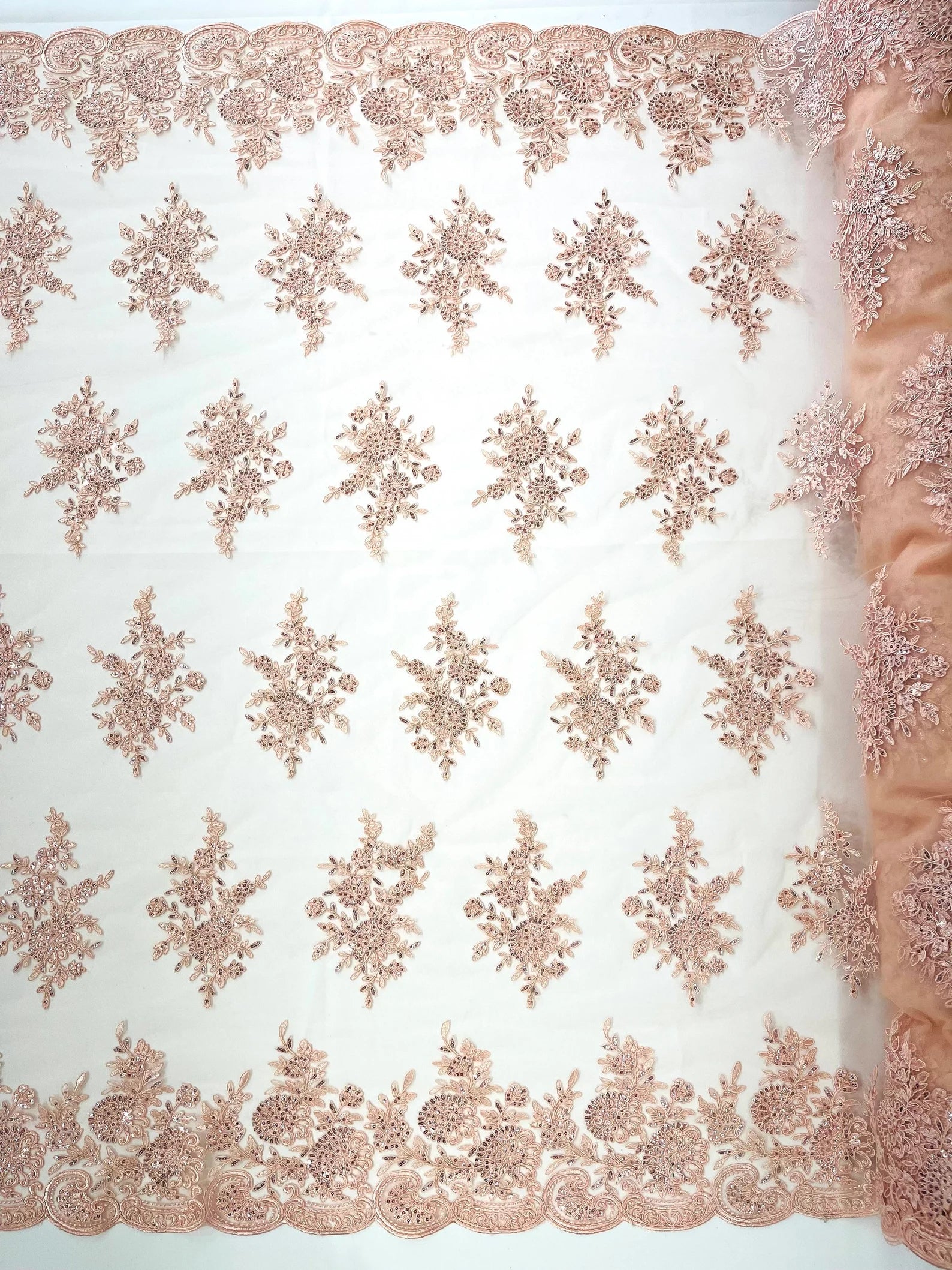 Corded Lace with Embroidery and Sequin on Mesh Fabric By The Yard. Blush Pink