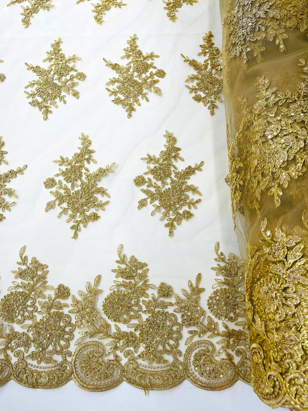 Corded Lace with Embroidery and Sequin on Mesh Fabric By The Yard. Gold