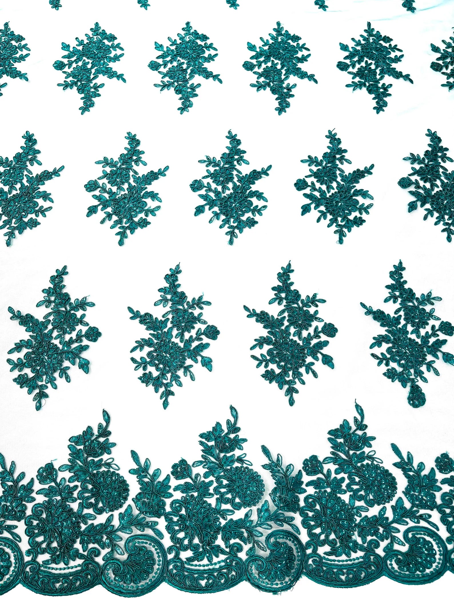 Corded Lace with Embroidery and Sequin on Mesh Fabric By The Yard. Hunter Green
