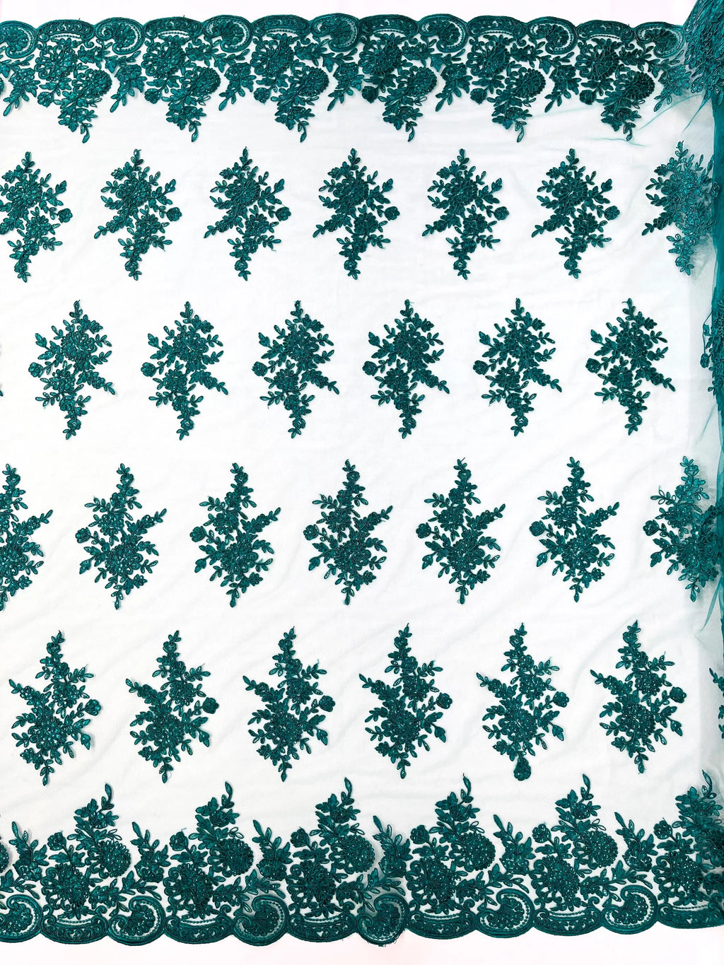 Corded Lace with Embroidery and Sequin on Mesh Fabric By The Yard. Hunter Green