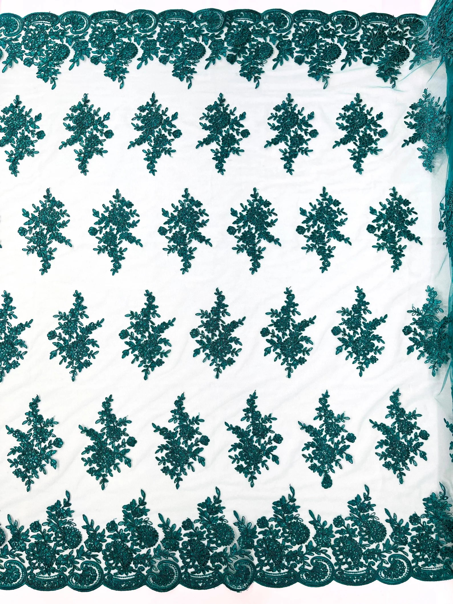 Corded Lace with Embroidery and Sequin on Mesh Fabric By The Yard. Hunter Green